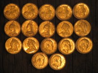 19 gold sovereigns [2 not shown] from 1875 to 1904, detected by Paul M. of Australia on a cleared house block.
